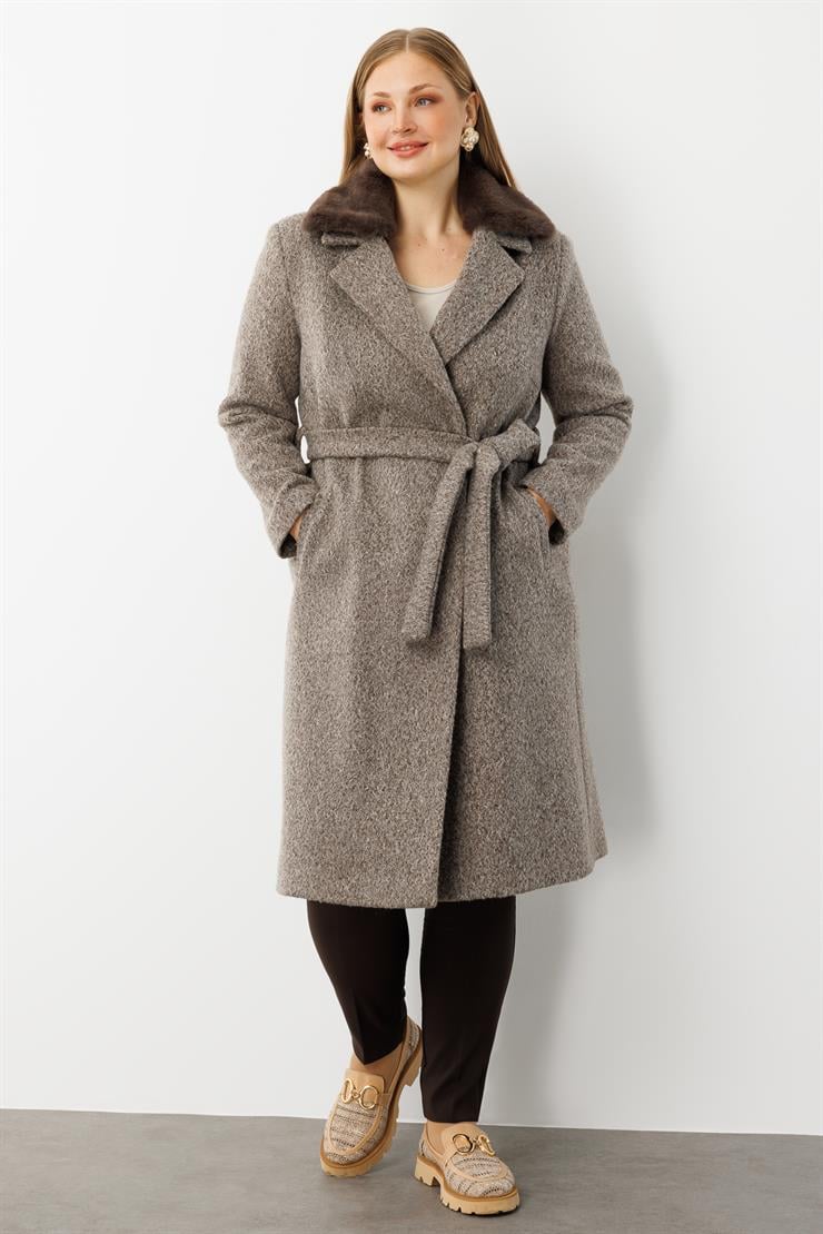 Modailgi  Yakası Kürklü Kırçıllı Uzun Kaşe Kaban Vizon