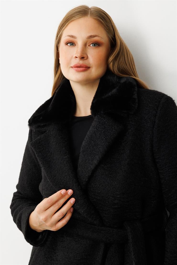 Modailgi  Yakası Kürklü Kırçıllı Uzun Kaşe Kaban Siyah