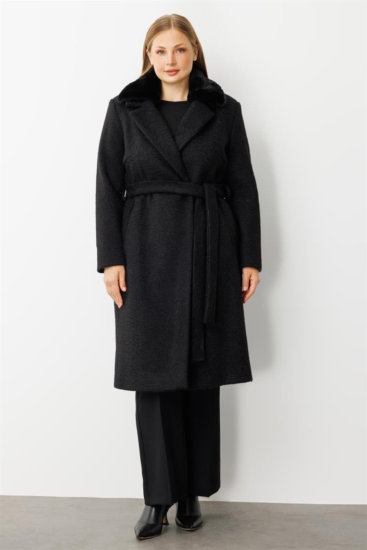 Modailgi  Yakası Kürklü Kırçıllı Uzun Kaşe Kaban Siyah