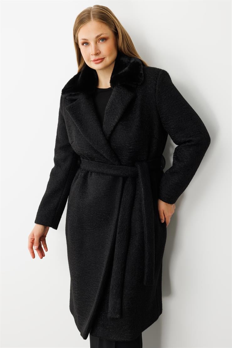 Modailgi  Yakası Kürklü Kırçıllı Uzun Kaşe Kaban Siyah