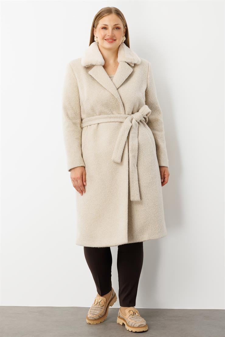 Modailgi  Yakası Kürklü Kırçıllı Uzun Kaşe Kaban Kemik