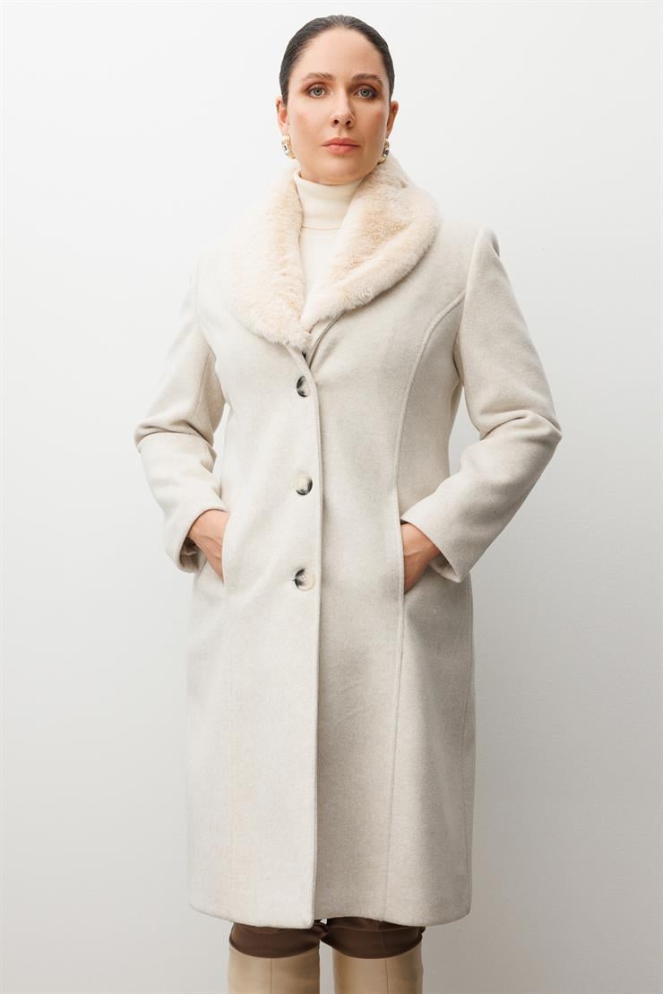 Modailgi  Yakası Kürklü Önden Düğmeli Kaşe Kaban Kemik