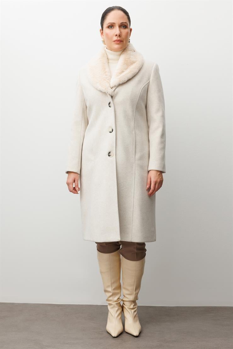 Modailgi  Yakası Kürklü Önden Düğmeli Kaşe Kaban Kemik