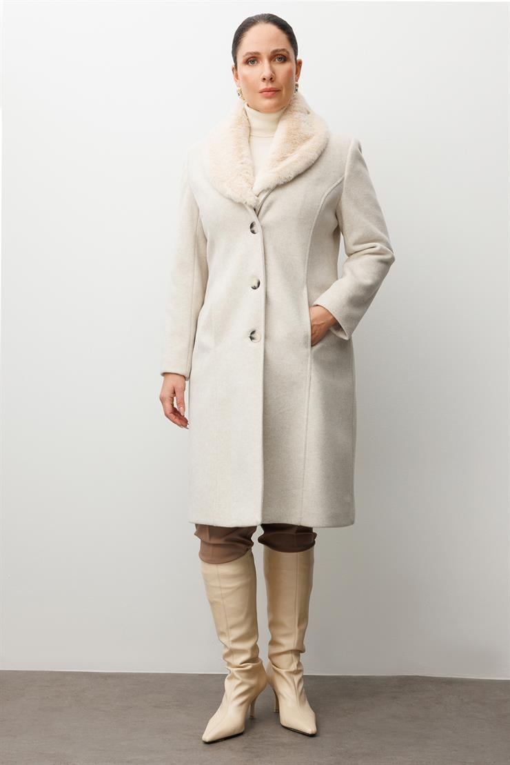 Modailgi  Yakası Kürklü Önden Düğmeli Kaşe Kaban Kemik