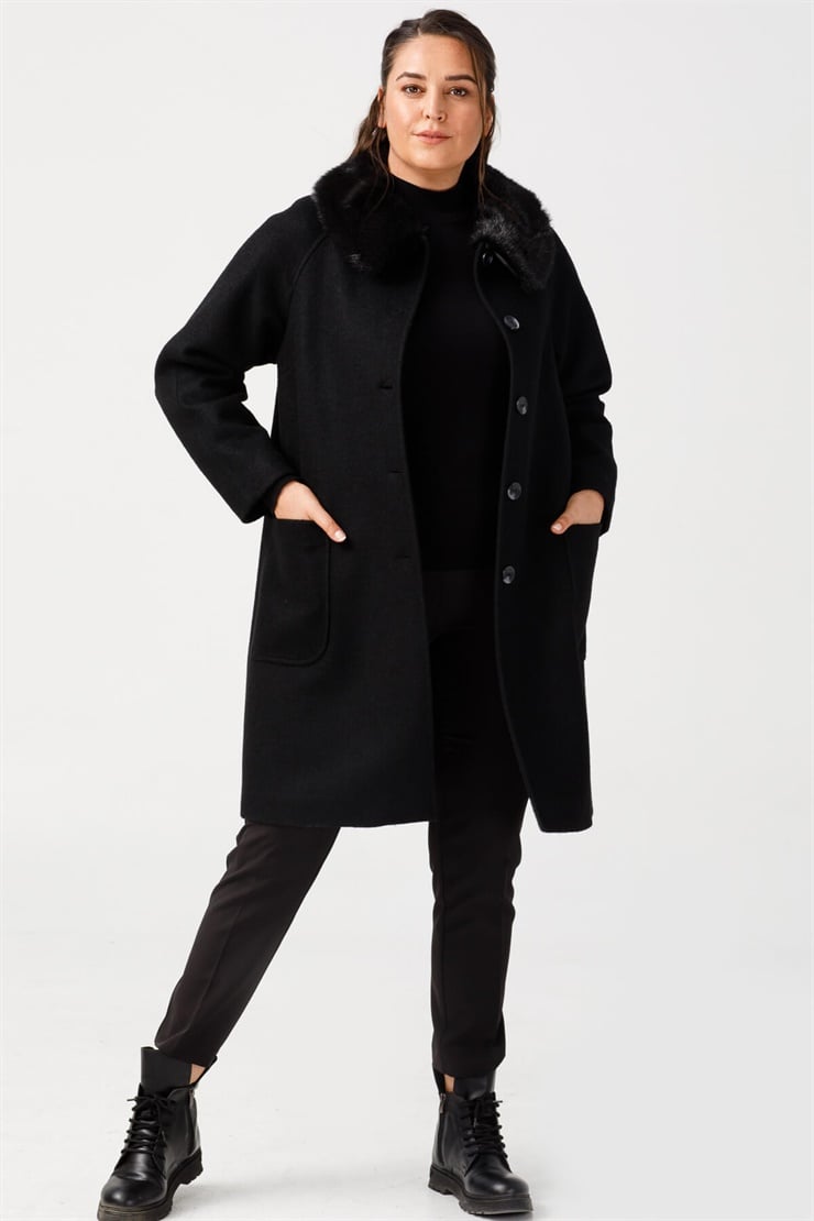 Modailgi  Yakası Kürklü Reglan Kol Kaban Siyah
