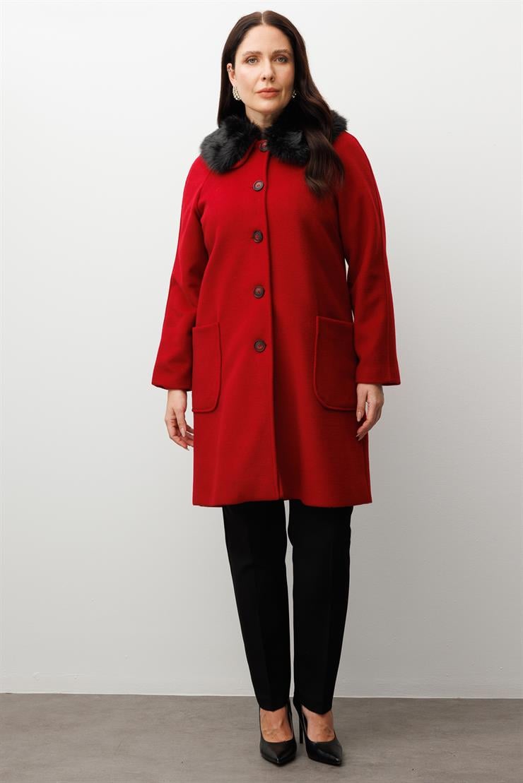 Modailgi  Yakası Kürklü Reglan Kol Kaban Kırmızı