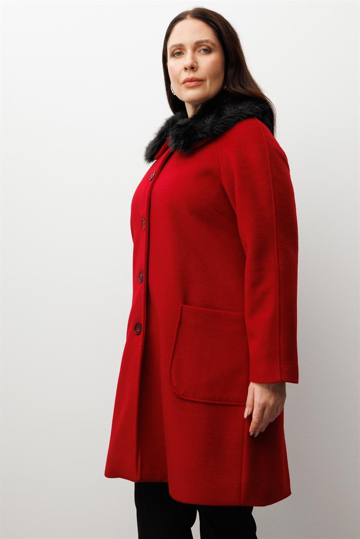 Modailgi  Yakası Kürklü Reglan Kol Kaban Kırmızı