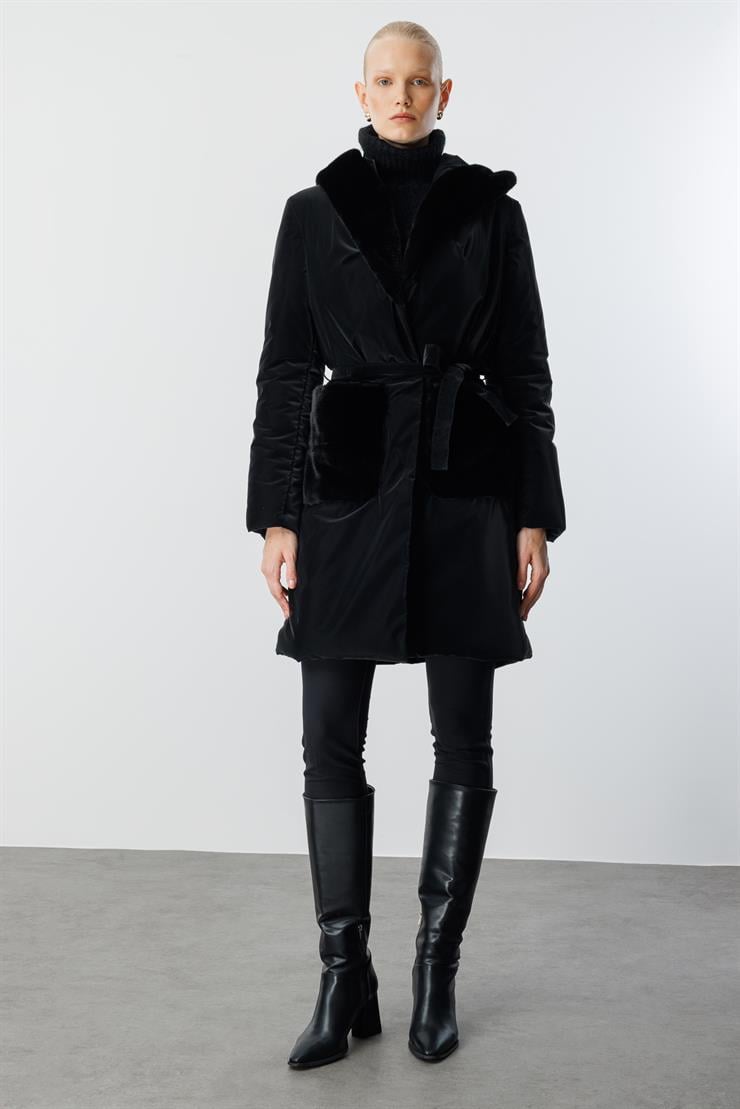 Modailgi  Yakası Kürklü Torba Cepli Nova Kumaş Şişme Kaban Siyah