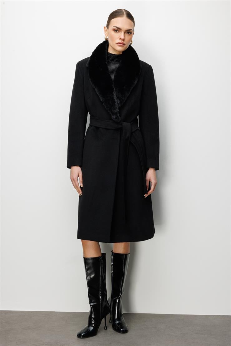 Modailgi  Yakası Kürklü Uzun Kaşe Kaban Siyah