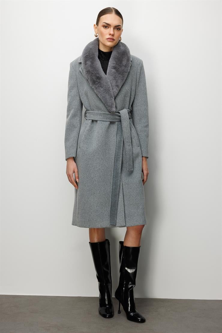 Modailgi  Yakası Kürklü Uzun Kaşe Kaban Gri