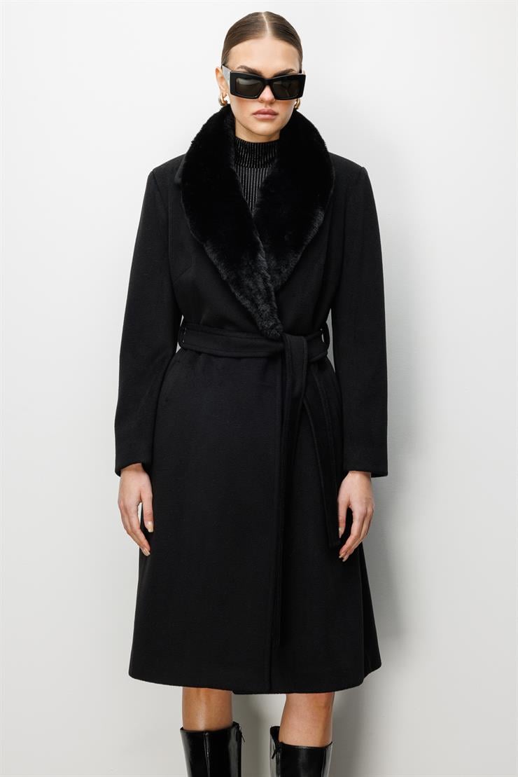 Modailgi  Yakası Kürklü Uzun Kaşe Kaban Siyah