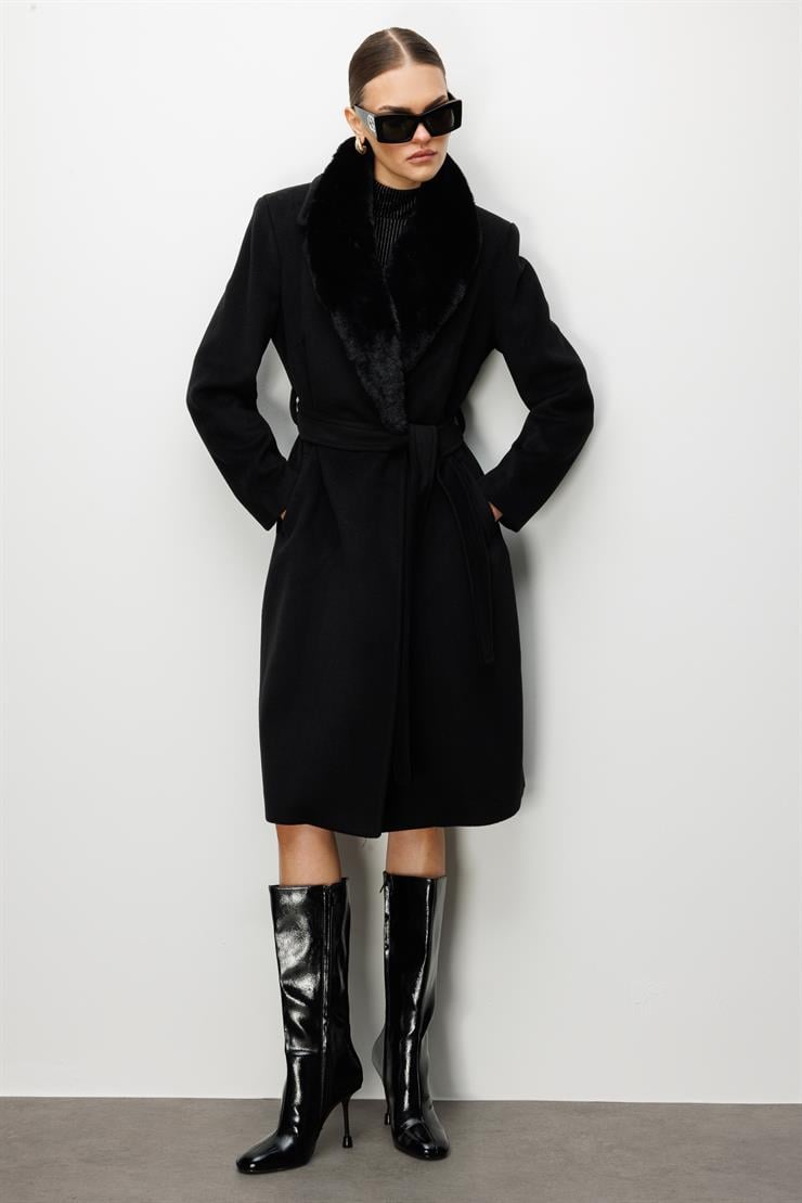 Modailgi  Yakası Kürklü Uzun Kaşe Kaban Siyah