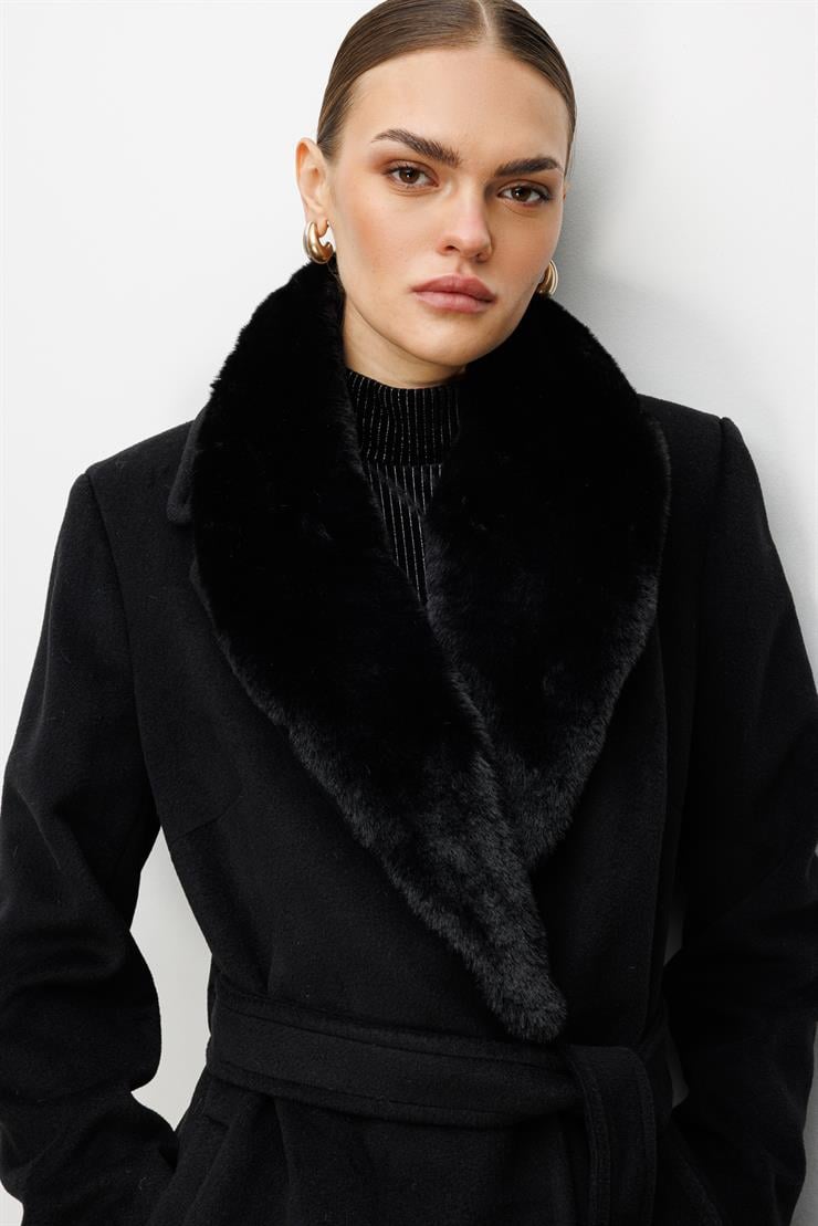 Modailgi  Yakası Kürklü Uzun Kaşe Kaban Siyah