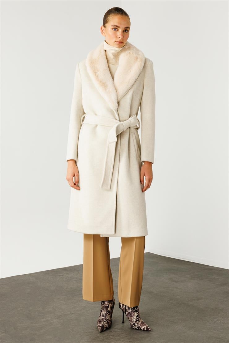 Modailgi  Yakası Kürklü Uzun Kaşe Kaban Kemik