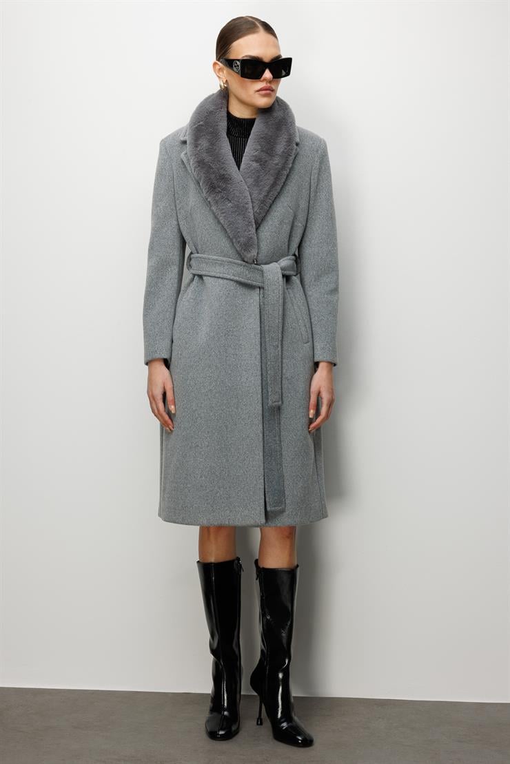 Modailgi  Yakası Kürklü Uzun Kaşe Kaban Gri