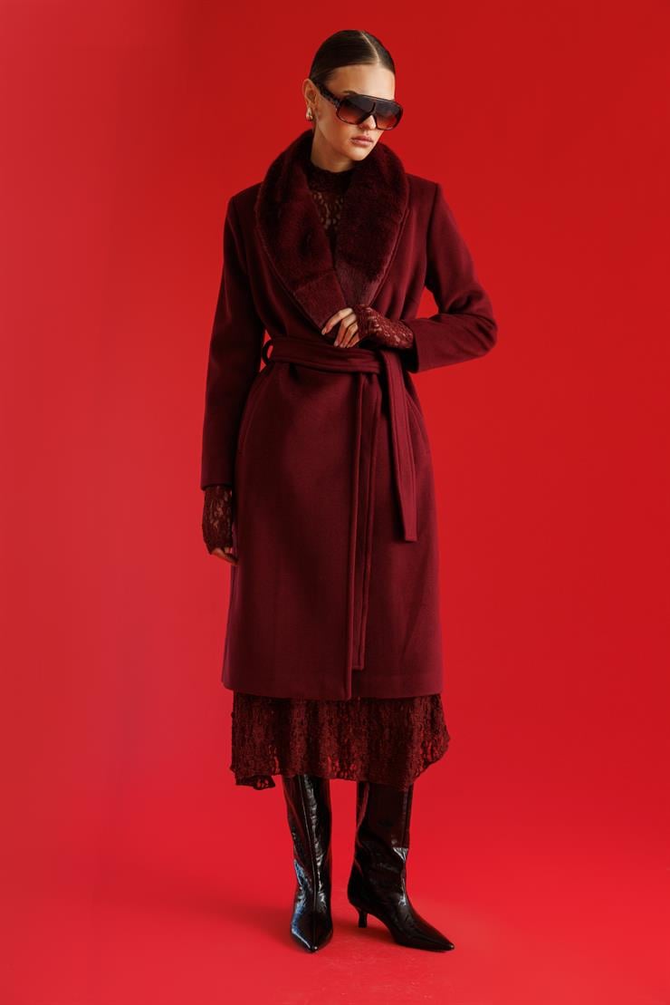 Modailgi  Yakası Kürklü Uzun Kaşe Kaban Bordo