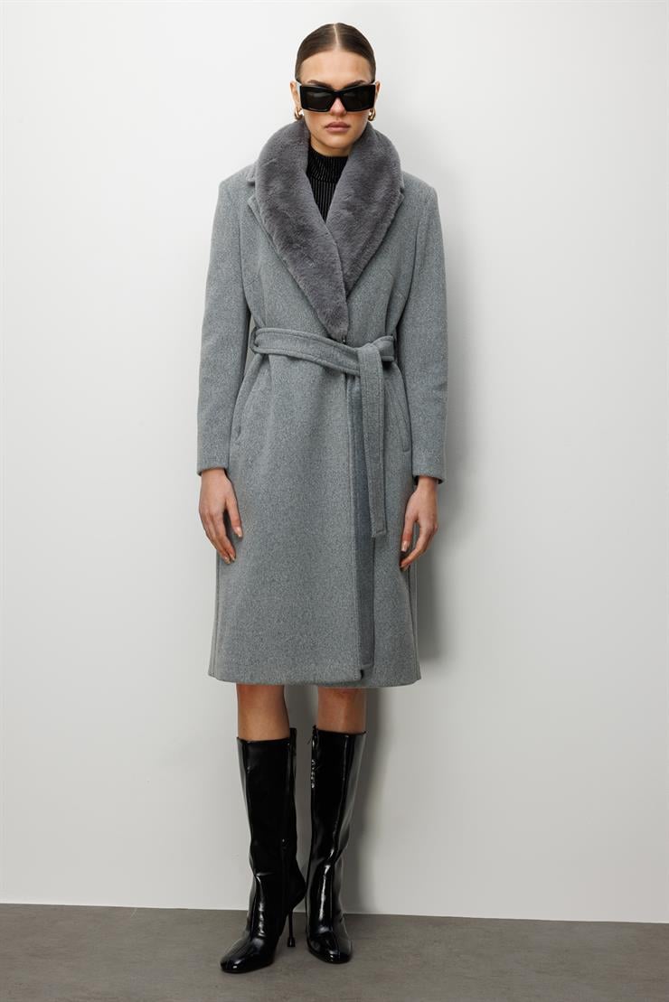Modailgi  Yakası Kürklü Uzun Kaşe Kaban Gri