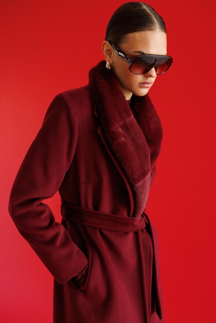 Modailgi  Yakası Kürklü Uzun Kaşe Kaban Bordo