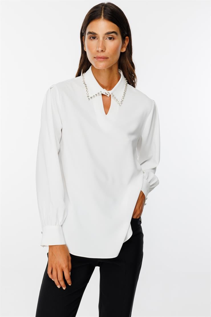 Modailgi  Yakası Pencereli Taş İşlemeli Uzun Kollu Bluz Ekru