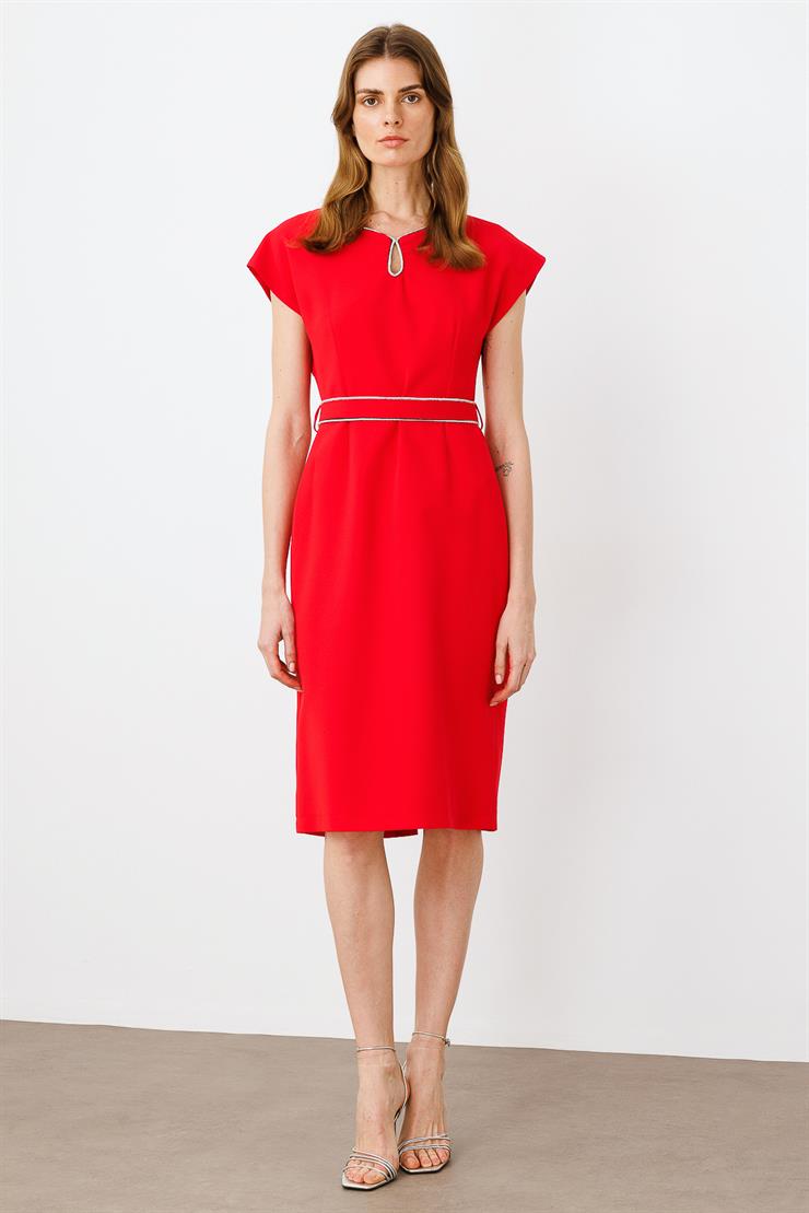 Modailgi  Yakası Şerit Taş Detaylı Elbise Kırmızı