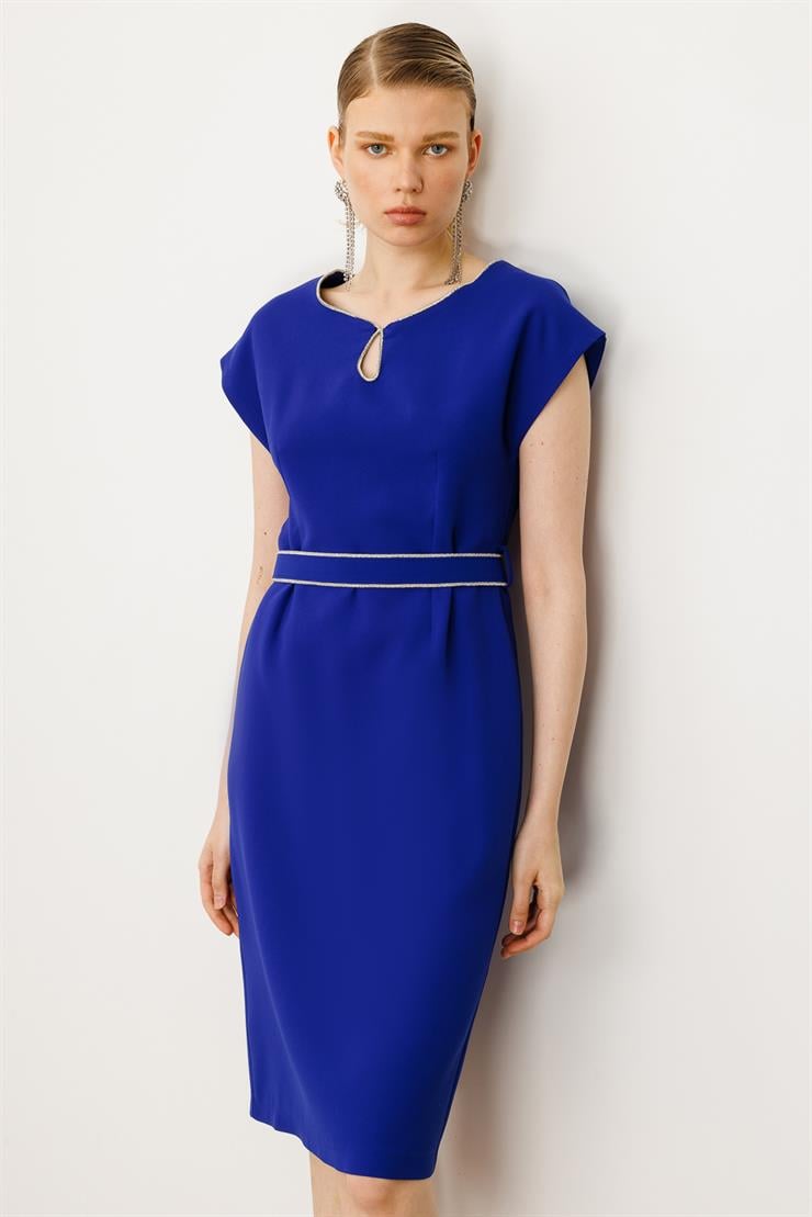 Modailgi  Yakası Şerit Taş Detaylı Elbise Saks