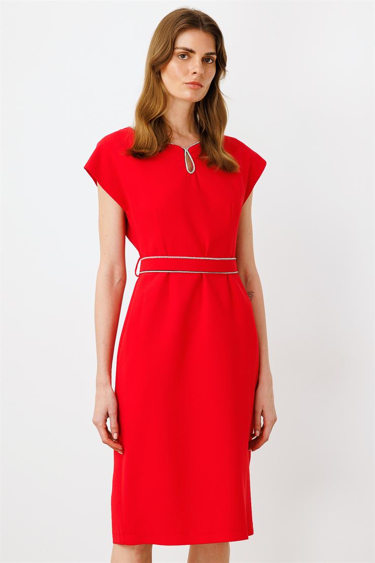 Modailgi  Yakası Şerit Taş Detaylı Elbise Kırmızı