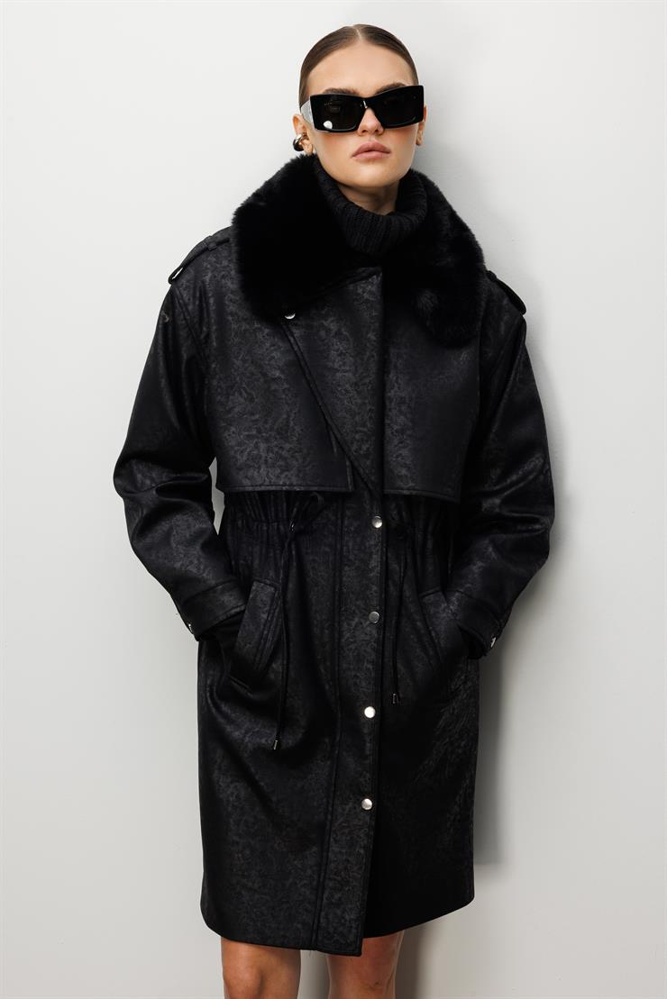 Modailgi  Yakası Seyyar Peluş Kürk Aksesuarlı Rüzgarlıklı Nubuk Süet Astarlı Trenç Siyah