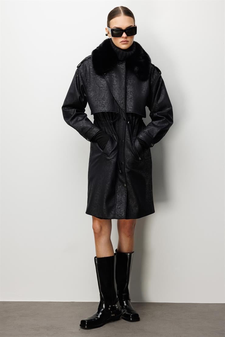 Modailgi  Yakası Seyyar Peluş Kürk Aksesuarlı Rüzgarlıklı Nubuk Süet Astarlı Trenç Siyah