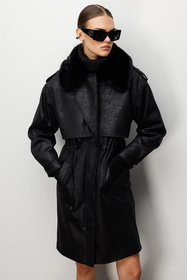 Modailgi  Yakası Seyyar Peluş Kürk Aksesuarlı Rüzgarlıklı Nubuk Süet Astarlı Trenç Siyah