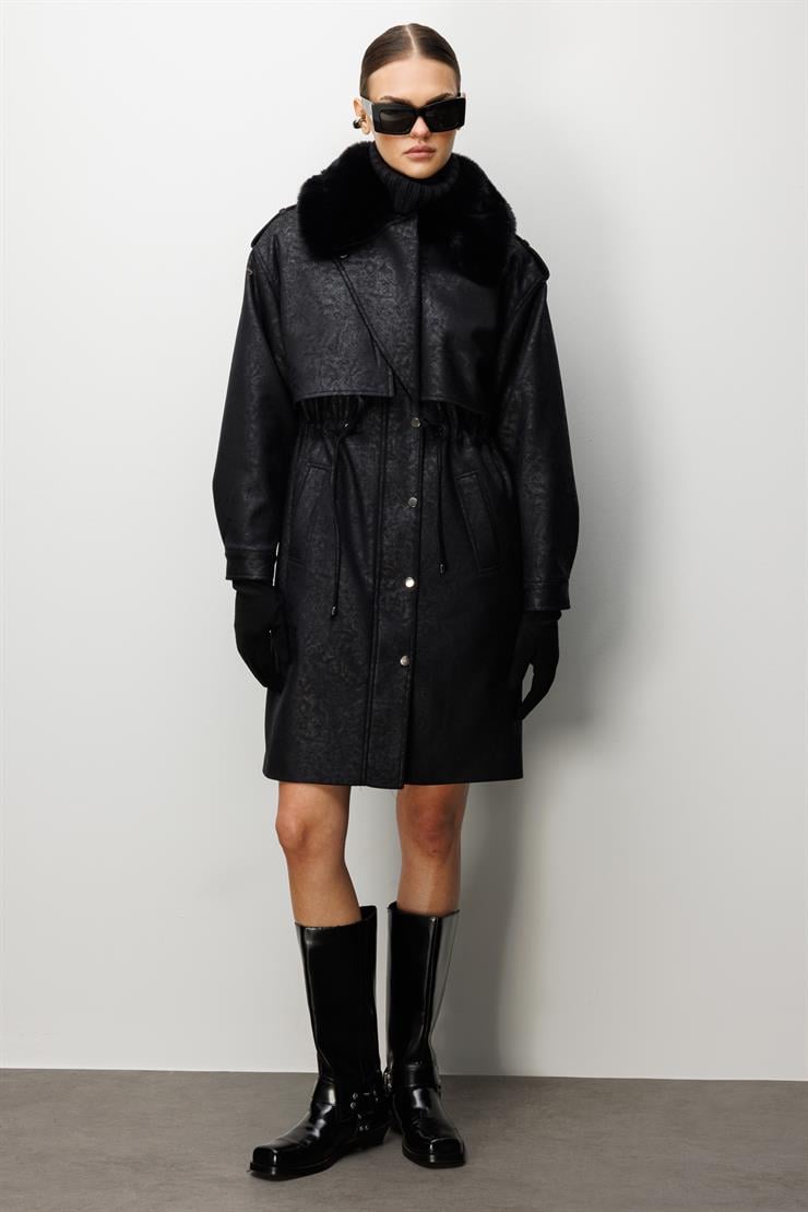 Modailgi  Yakası Seyyar Peluş Kürk Aksesuarlı Rüzgarlıklı Nubuk Süet Astarlı Trenç Siyah