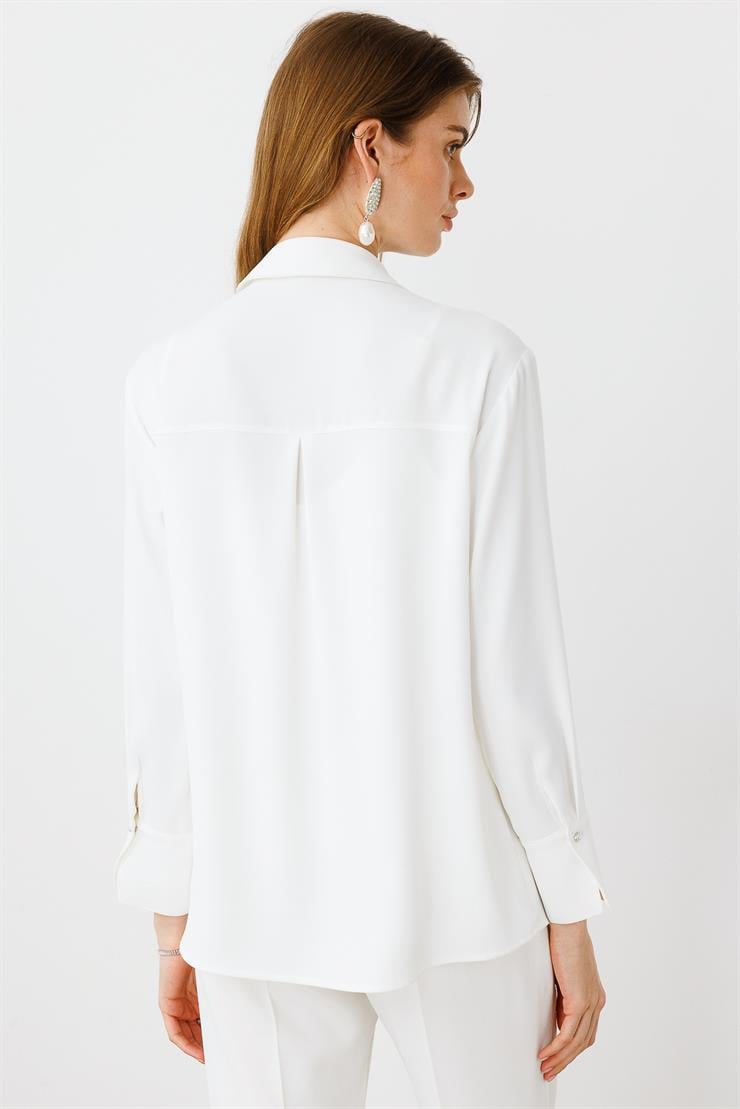 Modailgi  Yakası Taş Detaylı Pliseli Rahat Kesim Gömlek Ekru