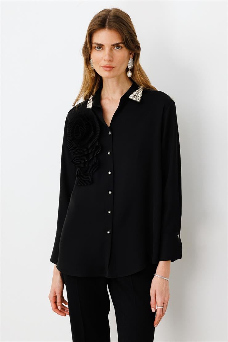 Modailgi  Yakası Taş Detaylı Pliseli Rahat Kesim Gömlek Siyah