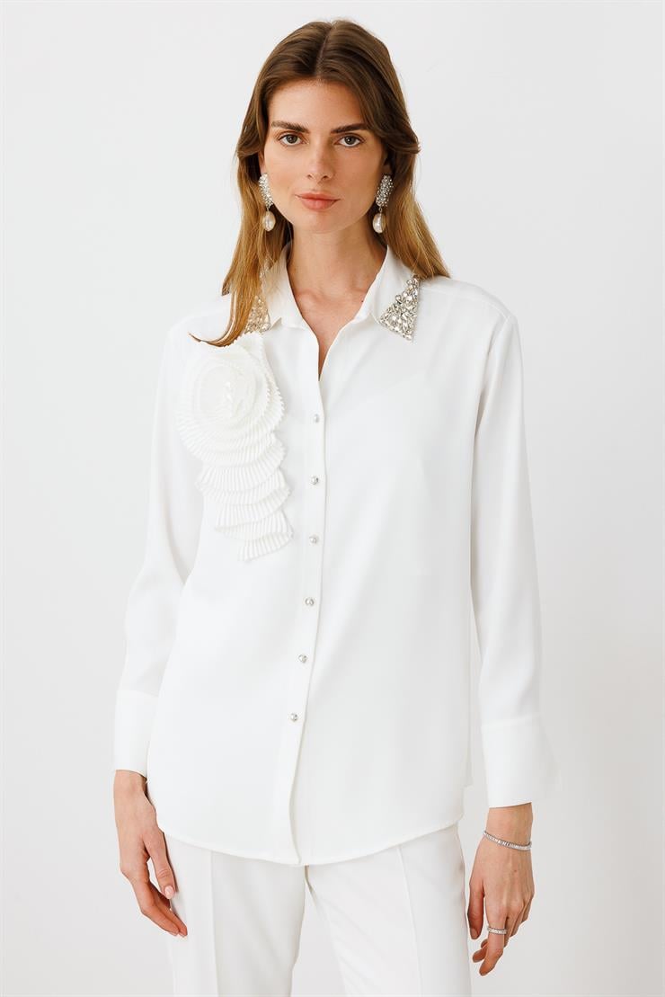 Modailgi  Yakası Taş Detaylı Pliseli Rahat Kesim Gömlek Ekru