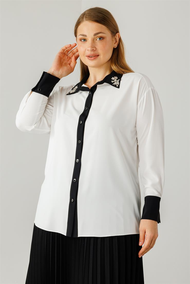 Modailgi  Yakası Taş İşlemeli Enkürüsteli Gömlek Ekru