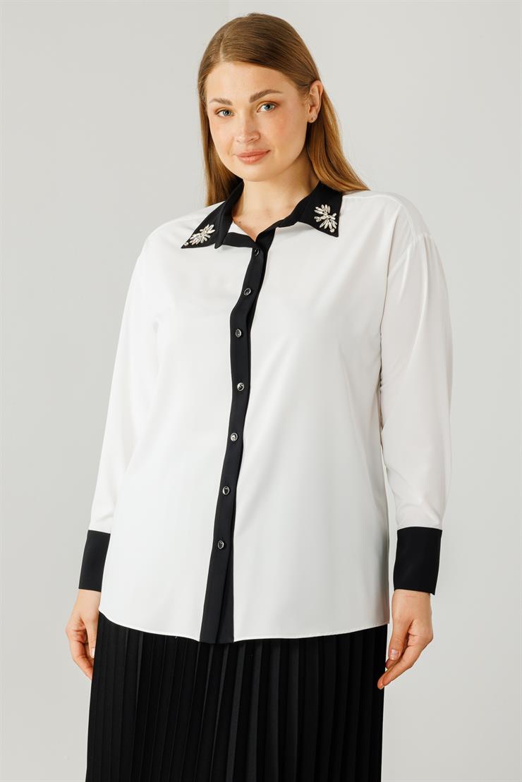 Modailgi  Yakası Taş İşlemeli Enkürüsteli Gömlek Ekru