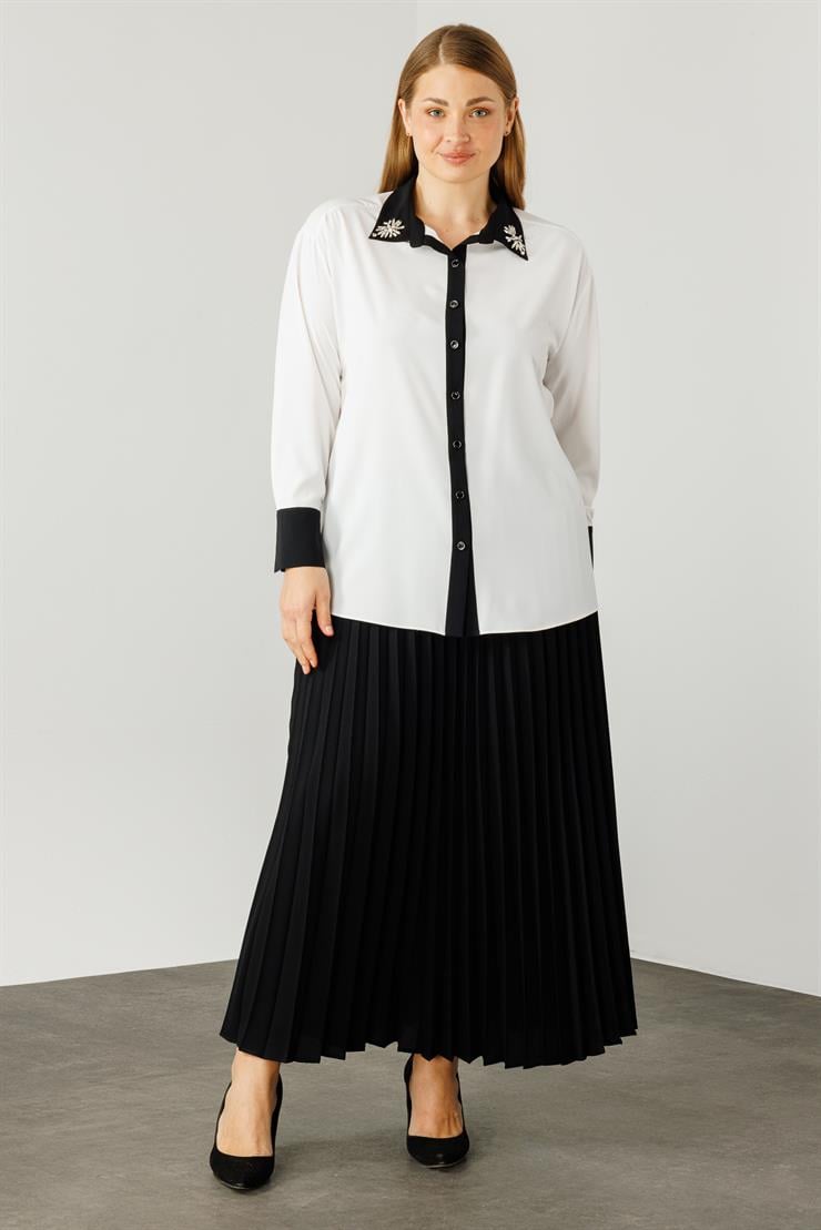 Modailgi  Yakası Taş İşlemeli Enkürüsteli Gömlek Ekru