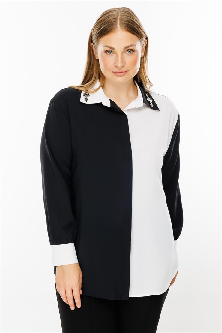 Modailgi  Yakası Taş İşlemeli Gömlek Siyah/Ekru