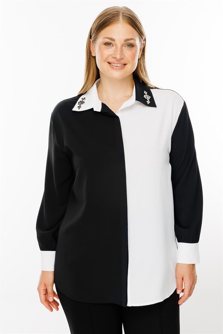 Modailgi  Yakası Taş İşlemeli Gömlek Siyah/Ekru