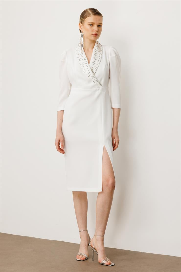 Modailgi  Yakası Taş İşlemeli Önden Yırtmaçlı Truvakar Kol Midiboy Elbise Ekru