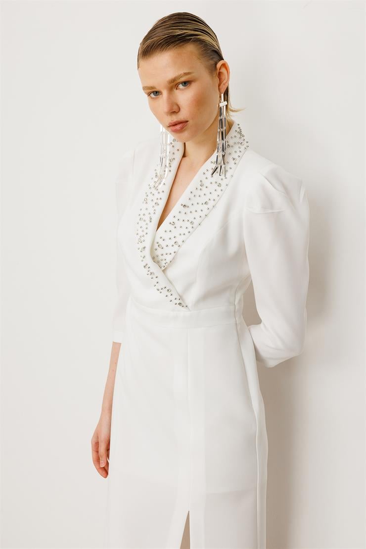 Modailgi  Yakası Taş İşlemeli Önden Yırtmaçlı Truvakar Kol Midiboy Elbise Ekru
