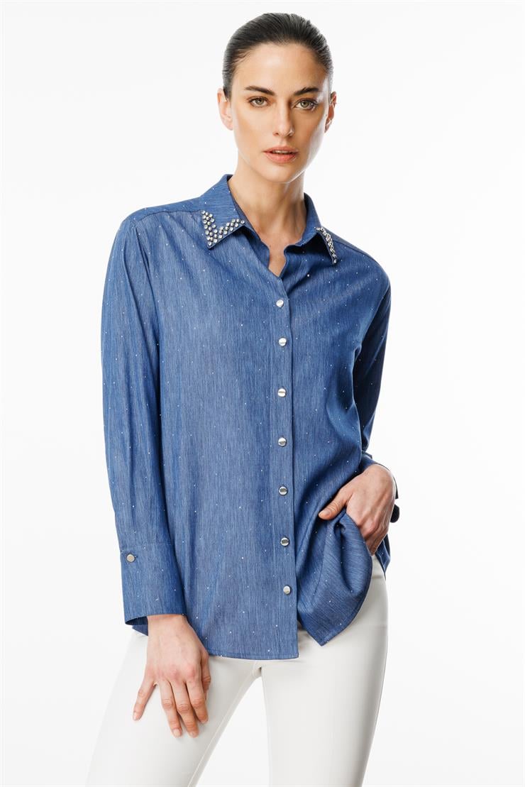 Modailgi  Yakası Taş İşlemeli Taşlı Tencel Gömlek Mavi