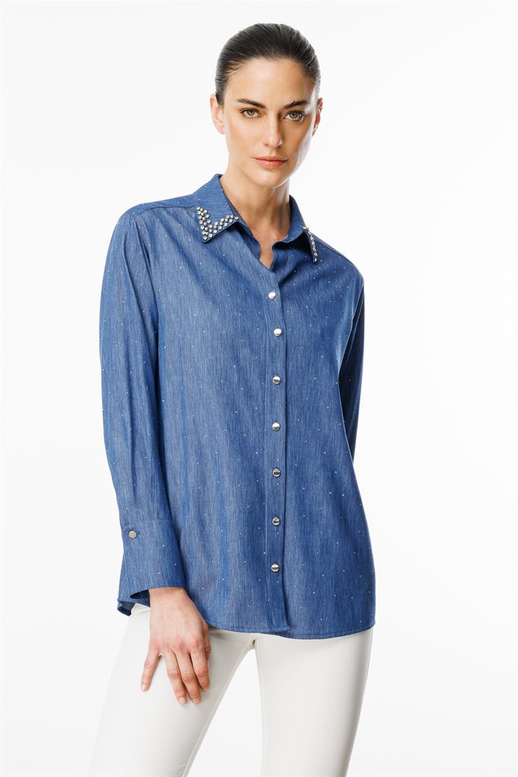 Modailgi  Yakası Taş İşlemeli Taşlı Tencel Gömlek Mavi