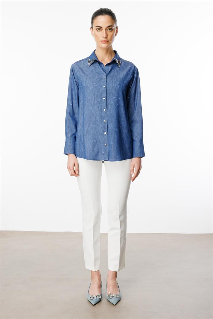 Modailgi  Yakası Taş İşlemeli Taşlı Tencel Gömlek Mavi