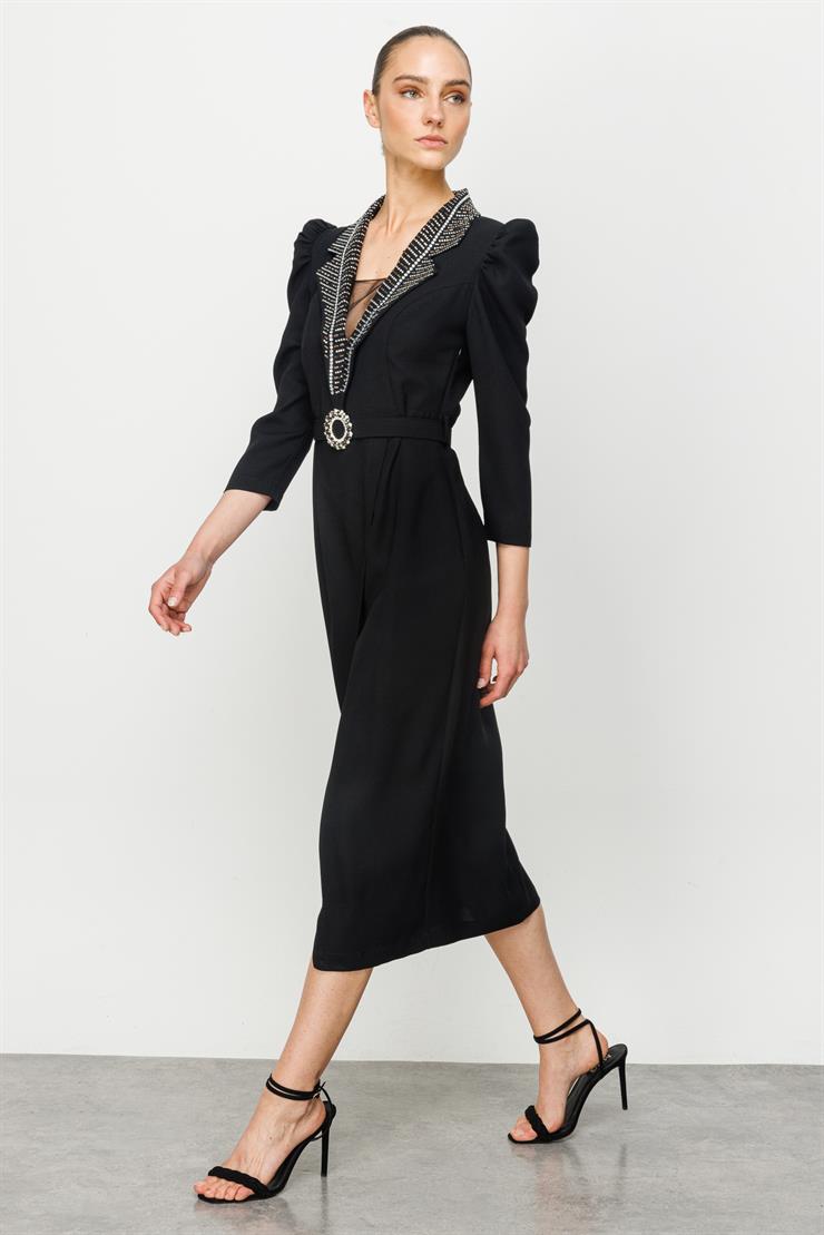Modailgi  Yakası Taşlı Beli Kemerli Elbise Siyah