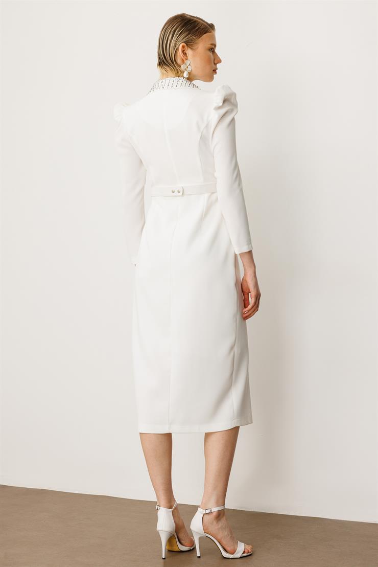 Modailgi  Yakası Taşlı Beli Kemerli Elbise Ekru