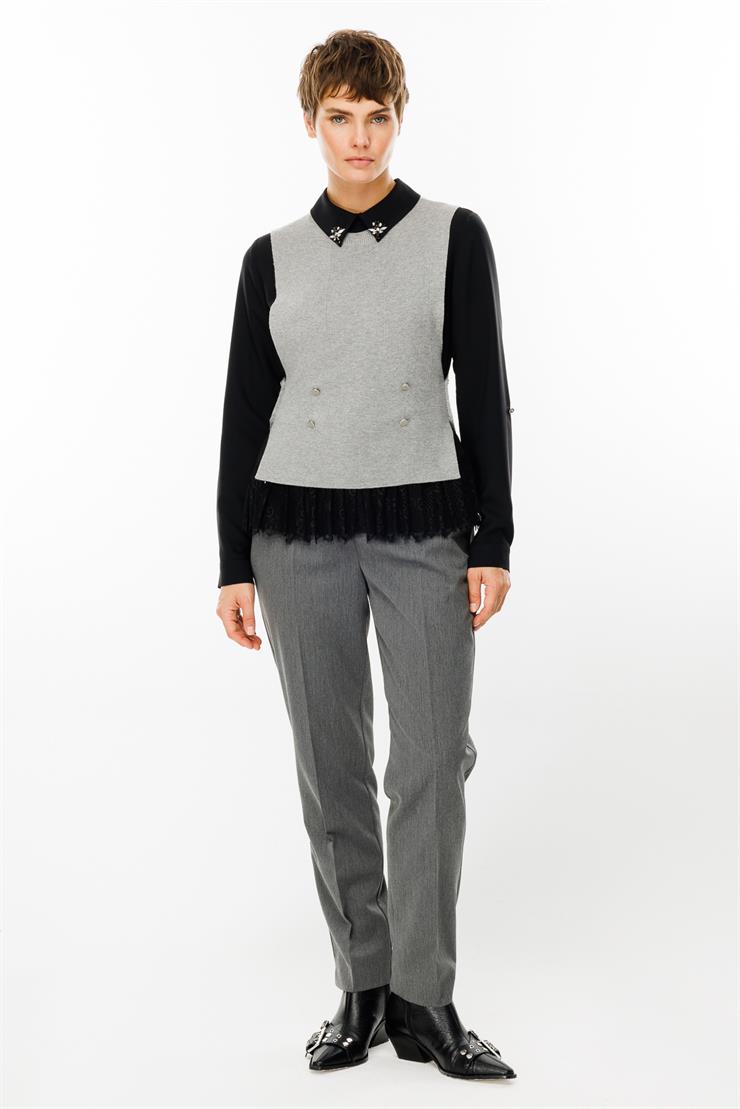 Modailgi  Yakası Taşlı Etek Ucu Dantelli İkili Triko Bluz Gri