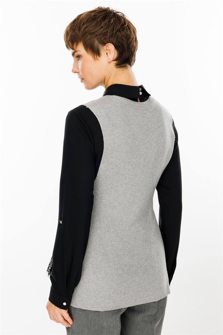 Modailgi  Yakası Taşlı Etek Ucu Dantelli İkili Triko Bluz Gri