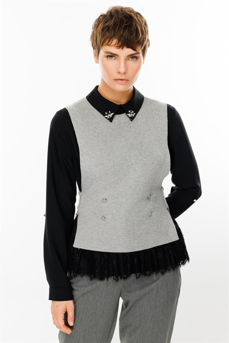 Modailgi  Yakası Taşlı Etek Ucu Dantelli İkili Triko Bluz Gri