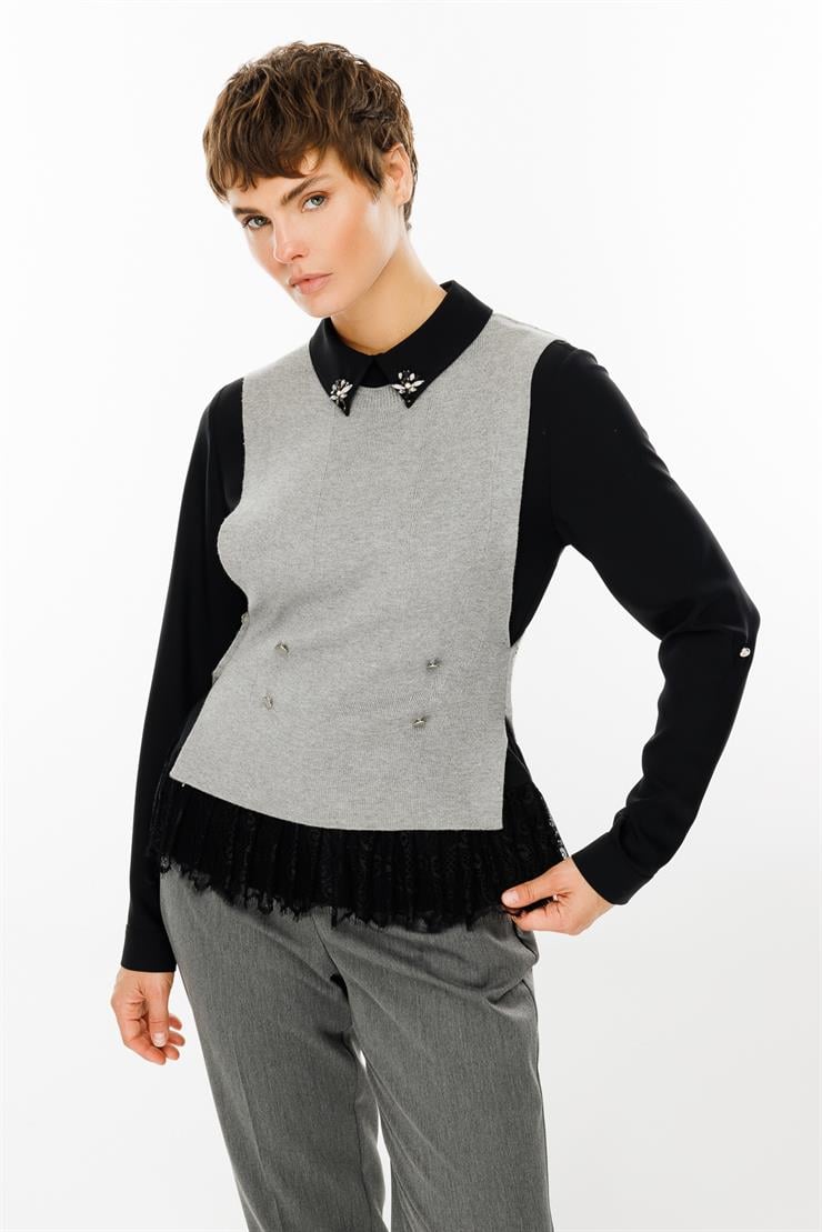 Modailgi  Yakası Taşlı Etek Ucu Dantelli İkili Triko Bluz Gri