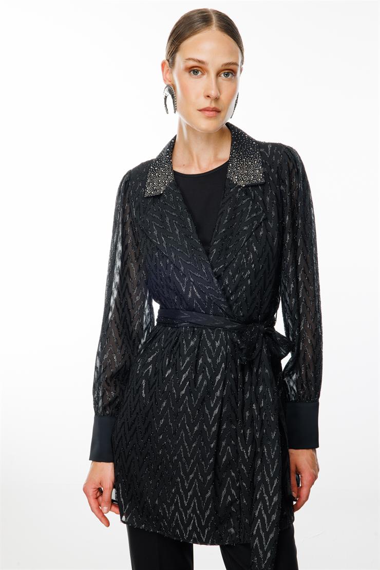 Modailgi  Yakası Taşlı Simli Jakar Uzun Organze Tunik Siyah